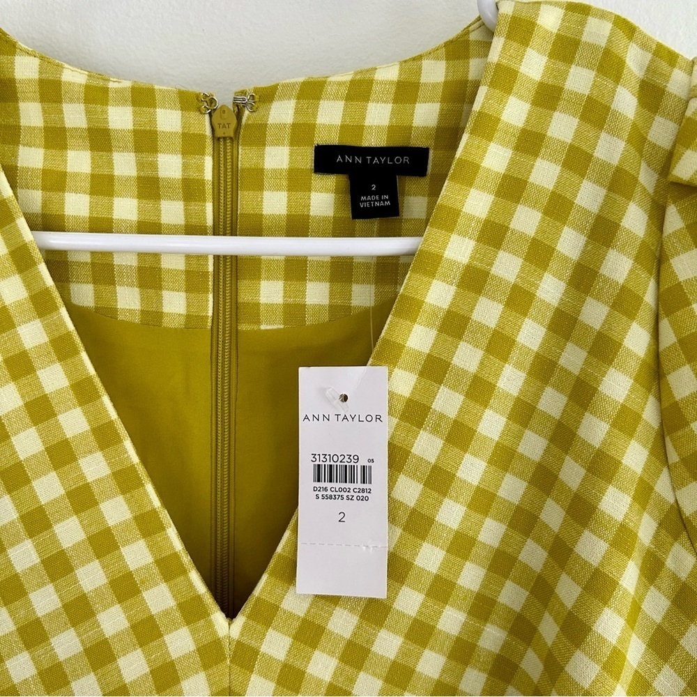 Ann Taylor Green/Yellow Gingham Tiered Puff Sleeve Midi Dress, V-Neck, Size 2 - Picture 4 of 6